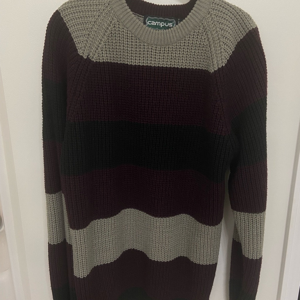 Vtg Campus Men's Crewneck Sweater - Burgundy, Gray And Black Stripe